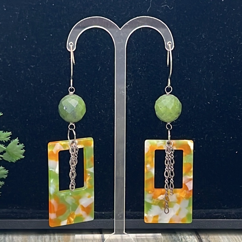 👑Adorned Crown Artisan Assemblage jade and acrylic rectangle earrings